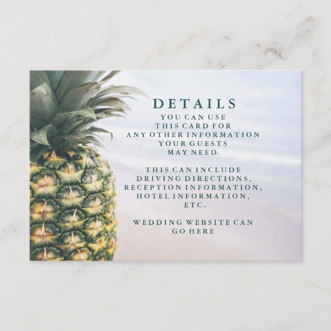 Tarjeta De Recepción Detalles de Boda Hawaiana de Piña con Hojas Tropic (Anverso)