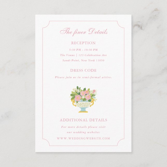 Tarjeta De Recepción Detalles de Boda Jarrón Floral Rococó (Anverso)