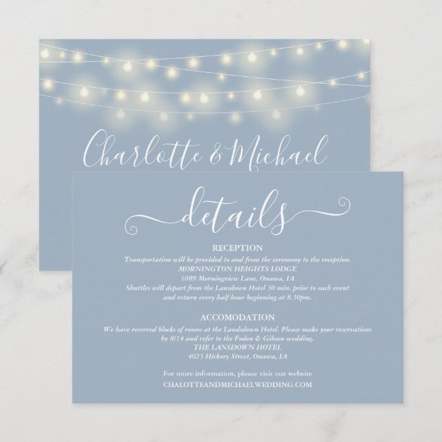 Tarjeta De Recepción Detalles de Boda Luces de Primavera Script Azul Po (Anverso / Reverso)