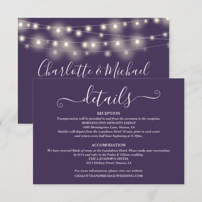 Tarjeta De Recepción Detalles de Boda Luces de Primavera Script Púrpura (Anverso / Reverso)