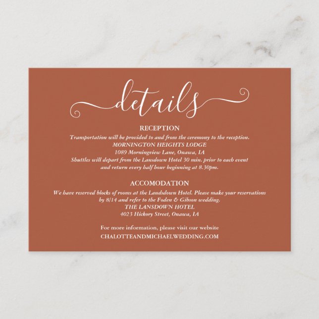 Tarjeta De Recepción Detalles de Boda Luces de Primavera Script Terraco (Anverso)