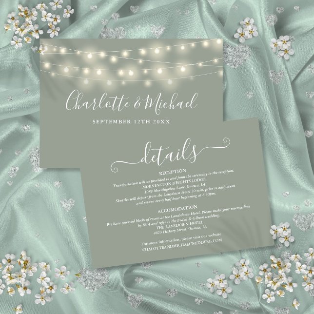 Tarjeta De Recepción Detalles de Boda Luces de Primavera Script Verde S (Wedding Details Spring Lights Script Sage Green Enclosure Card)