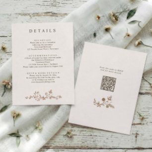 Tarjeta De Recepción Detalles de Boda Marrón Floral Francés Antiguo QR