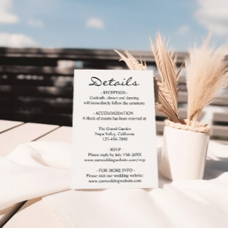 Tarjeta De Recepción Detalles de Boda Minimalista Elegante en Blanco y