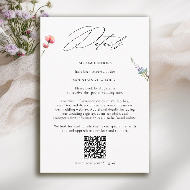 Tarjeta De Recepción Detalles de Boda Moderna en Pradera de Flores Silv (mountain wedding details card qr code wildflowers meadow floral watercolor modern calligraphy)