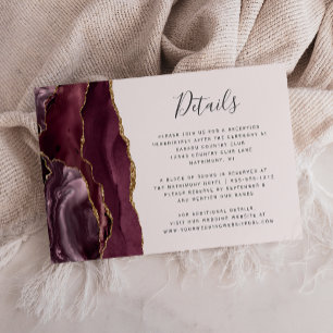 Tarjeta De Recepción Detalles de Boda Modernos Burgundy Gold Agate Blus
