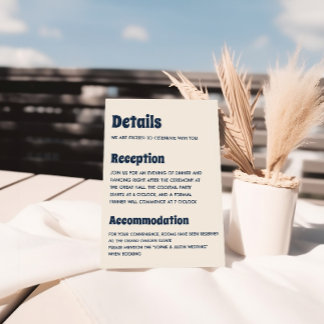 Tarjeta De Recepción Detalles de Boda Modernos en Azul Marino y Crema