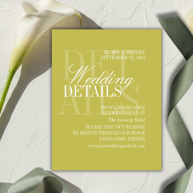 Tarjeta De Recepción Detalles de Boda Modernos en Script Chartreuse con (Modern Chartreuse Script Wedding Details QR Enclosure Card)