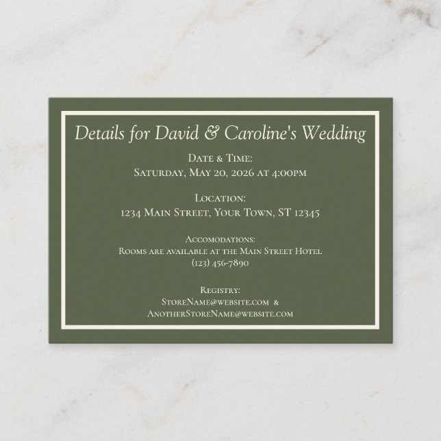 Tarjeta De Recepción Detalles de Boda Modernos en Verde Bosque Sólido (Anverso)