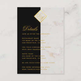 Tarjeta De Recepción Detalles de Boda Monograma Mármol Negro Blanco Dor