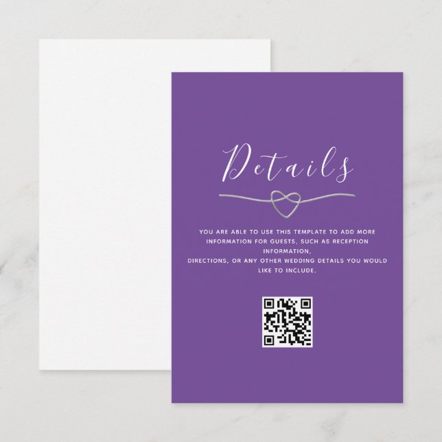 Tarjeta De Recepción Detalles de Boda Morada Código QR (Anverso / Reverso)