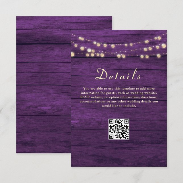 Tarjeta De Recepción Detalles de Boda Morada Código QR (Anverso / Reverso)