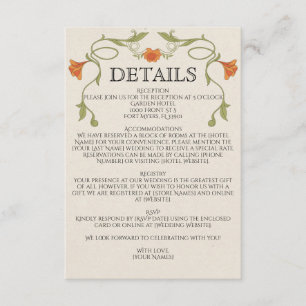 Tarjeta De Recepción Detalles de boda naranja flores Art Nouveau verdes