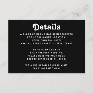 Tarjeta De Recepción Detalles de Boda Negra   Información Minimalista