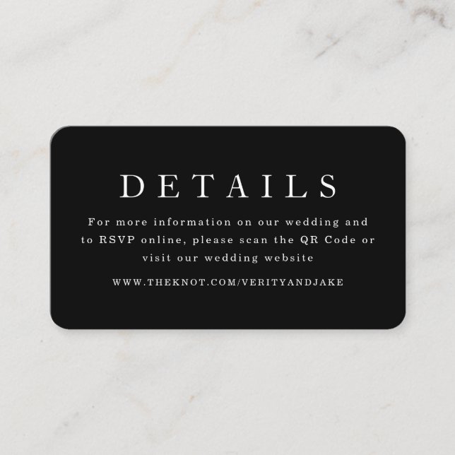Tarjeta De Recepción Detalles de Boda Negra Moderna Código Qr (Anverso)