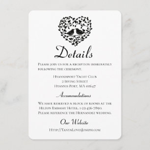Tarjeta De Recepción Detalles de Boda Negra Palomas Florales Corazón