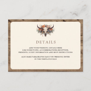 Tarjeta De Recepción Detalles de Boda Occidental Cráneo de Vaca Floral 