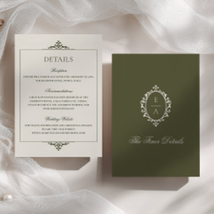 Tarjeta De Recepción Detalles de Boda Opulent Oval Crest Old Money Verd