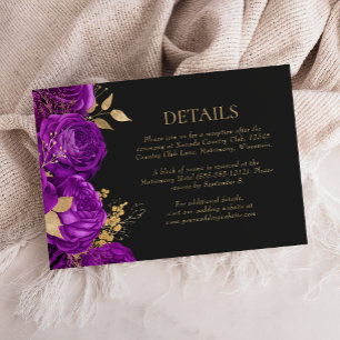 Tarjeta De Recepción Detalles de Boda Oscura Floral Dorada Púrpura Tarj