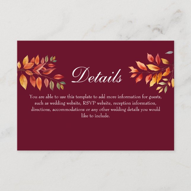 Tarjeta De Recepción Detalles de Boda Otoñal Borgoña (Anverso)
