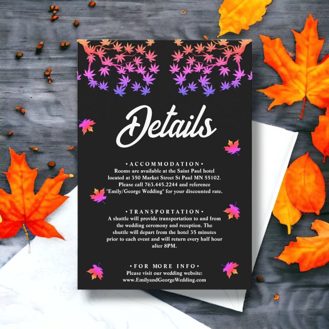 Tarjeta De Recepción Detalles de Boda Otoñal con Hojas de Neón en Blanc (Subido por el creador)