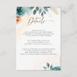 Tarjeta De Recepción Detalles de Boda Otoñal Romántica Teal Naranja Que