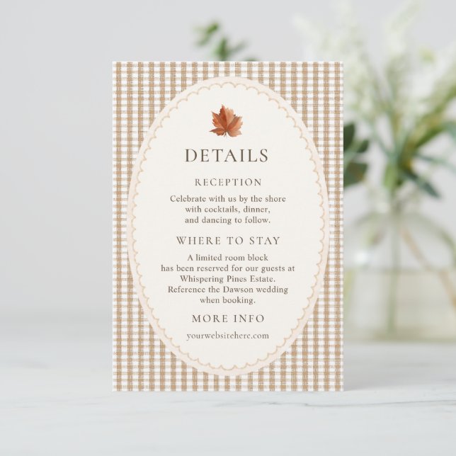 Tarjeta De Recepción Detalles de Boda Otoñal Rústico (Anverso de pie)