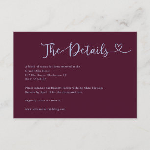 Tarjeta De Recepción Detalles de Boda Plum Heart con Letra Caprichosa