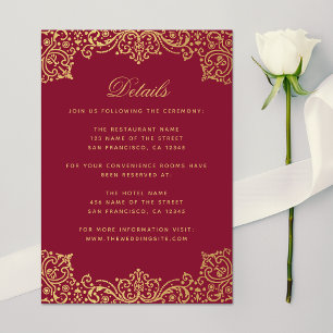 Tarjeta De Recepción Detalles de Boda Rojo Intenso Vintage Falso Dorado