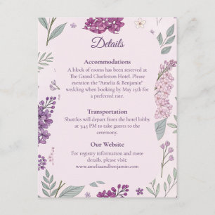 Tarjeta De Recepción Detalles de Boda Romántica en Jardín de Lilas Vint