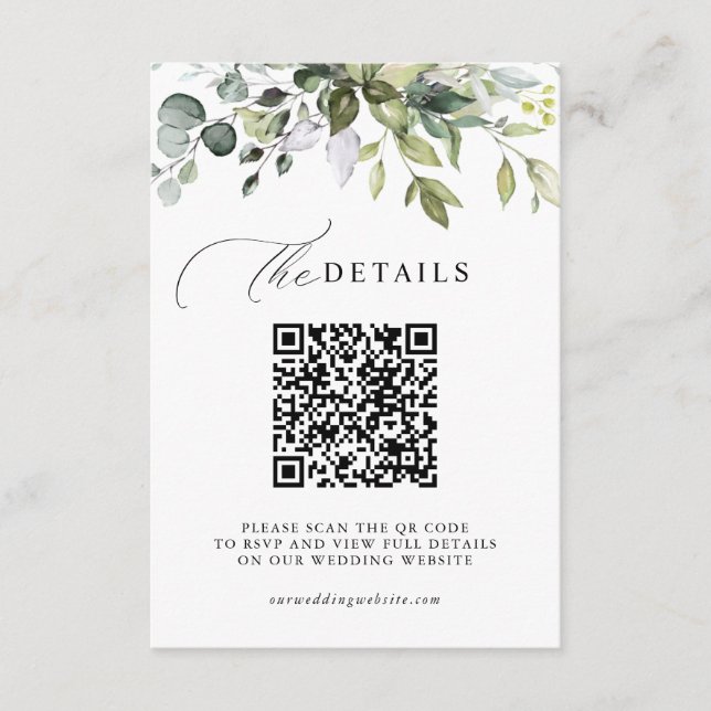 Tarjeta De Recepción Detalles de Boda RSVP Código QR Verde de Eucalipto (Anverso)