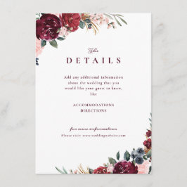 Tarjeta De Recepción Detalles de boda rústica boho floral de Borgoña