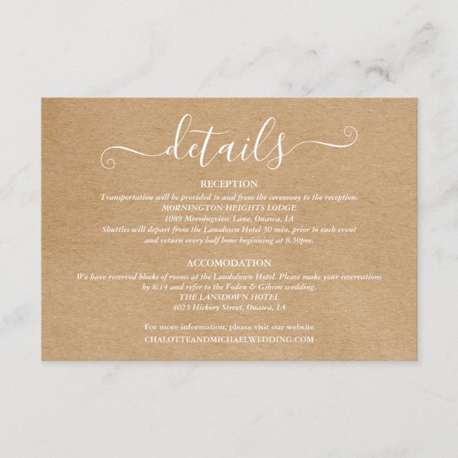 Tarjeta De Recepción Detalles de Boda Script Signature Rustico Kraft (Anverso)