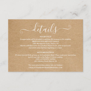 Tarjeta De Recepción Detalles de Boda Script Signature Rustico Kraft