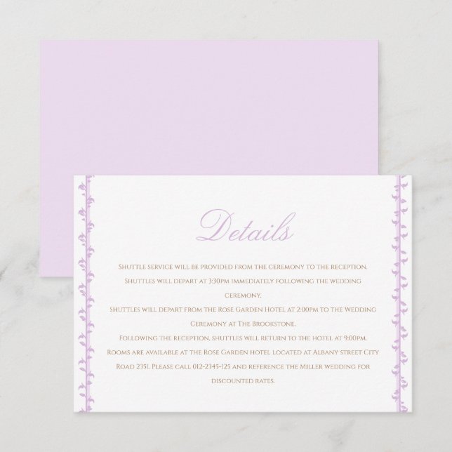 Tarjeta De Recepción Detalles de Boda Simple Cresta de Lavanda (Anverso / Reverso)