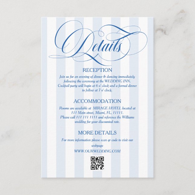 Tarjeta De Recepción Detalles de boda simples a rayas azules (Anverso)