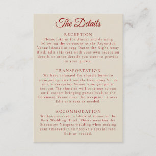 Tarjeta De Recepción Detalles de Boda Simples de Hueso Blanco con Rubí 