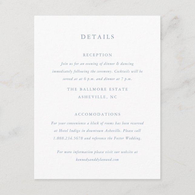 Tarjeta De Recepción Detalles de Boda Simples Polvorientos Azules (Anverso)