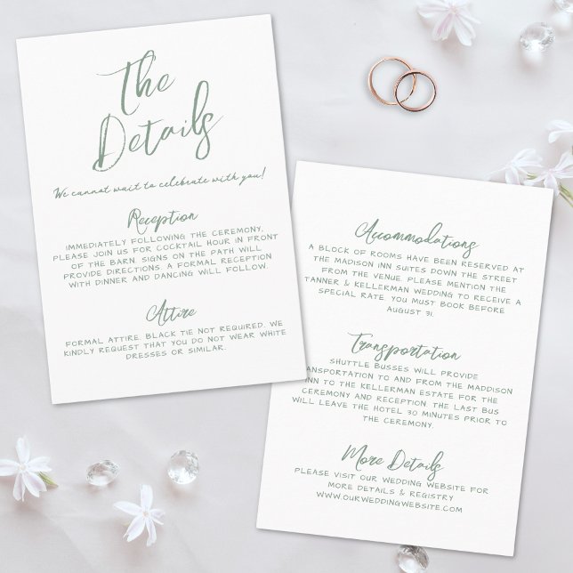 Tarjeta De Recepción Detalles de Boda Simples y Caprichosos Escritos a  (Simple Handwritten Green Whimsical Wedding Details Enclosure Card)