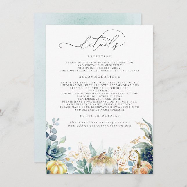 Tarjeta De Recepción Detalles de Boda Suculentas Calabazas Hojas Dorada (Anverso / Reverso)