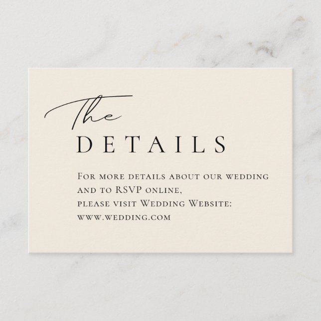 Tarjeta De Recepción Detalles de boda tipografía marfil minimalista ele (Anverso)