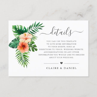 Tarjeta De Recepción Detalles de Boda Tropical Acuarela Floral Verde