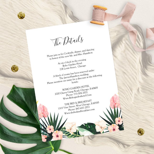 Tarjeta De Recepción Detalles de Boda Tropicales de Hibisco con Hojas d (Subido por el creador)