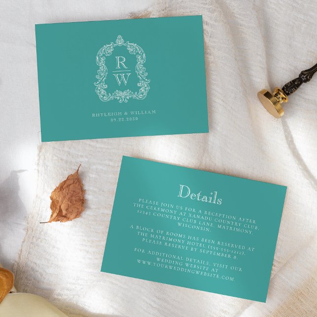 Tarjeta De Recepción Detalles de Boda Turquesa Blanco con Cresta de Mon (Subido por el creador)