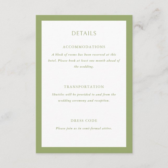 Tarjeta De Recepción Detalles de Boda Verde (Anverso)