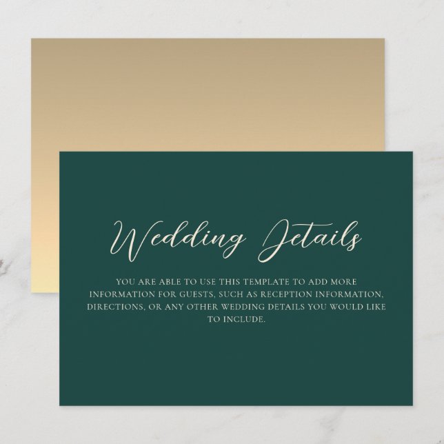 Tarjeta De Recepción Detalles de Boda Verde Esmeralda (Anverso / Reverso)