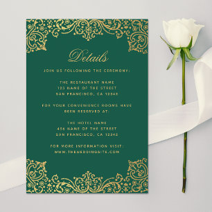 Tarjeta De Recepción Detalles de Boda Verde Esmeralda Falso Oro Antiguo
