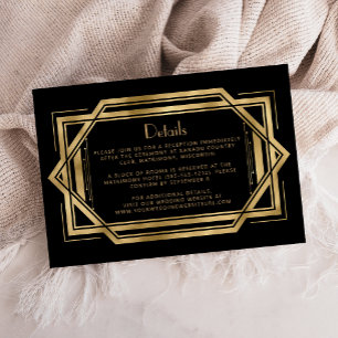 Tarjeta De Recepción Detalles de boda Vintage 1920s Deco Negro Oro