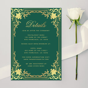 Tarjeta De Recepción Detalles de Boda Vintage Esmeralda Verde con Falso
