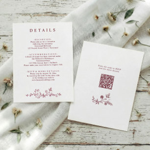 Tarjeta De Recepción Detalles de Boda Vintage Floral Borgoña Rojo Franc
